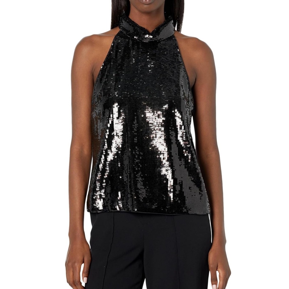 NWT Theory Roll Neck Halter Top Womens Black Fluid Sequins N1005504 XL‎